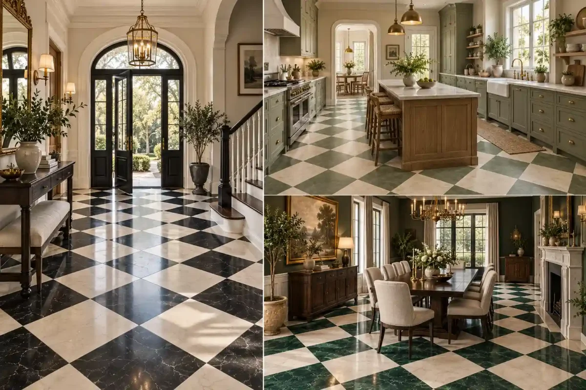 Four stylish interior spaces showcasing different checkerboard floor ideas, including black and white, sage and ivory, marble, and emerald green checkerboard flooring in elegant kitchens, foyers, and dining rooms.