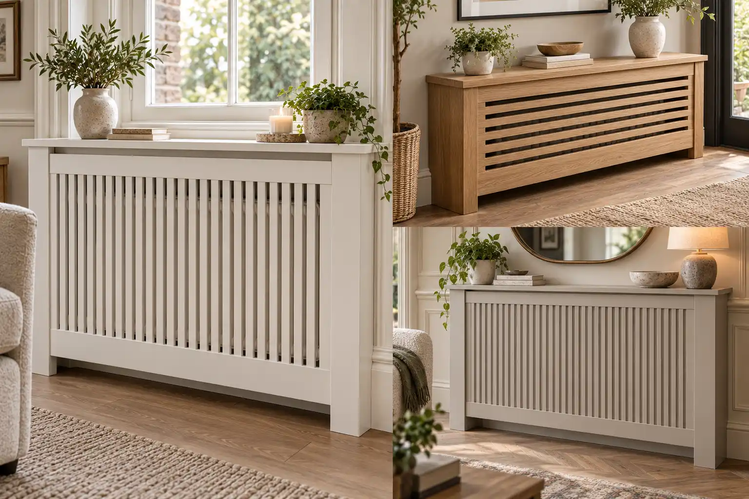 Collage of three stylish radiator cover ideas featuring a classic white slatted design, natural oak Scandinavian cover, and elegant greige fluted panel cover in modern home interiors.