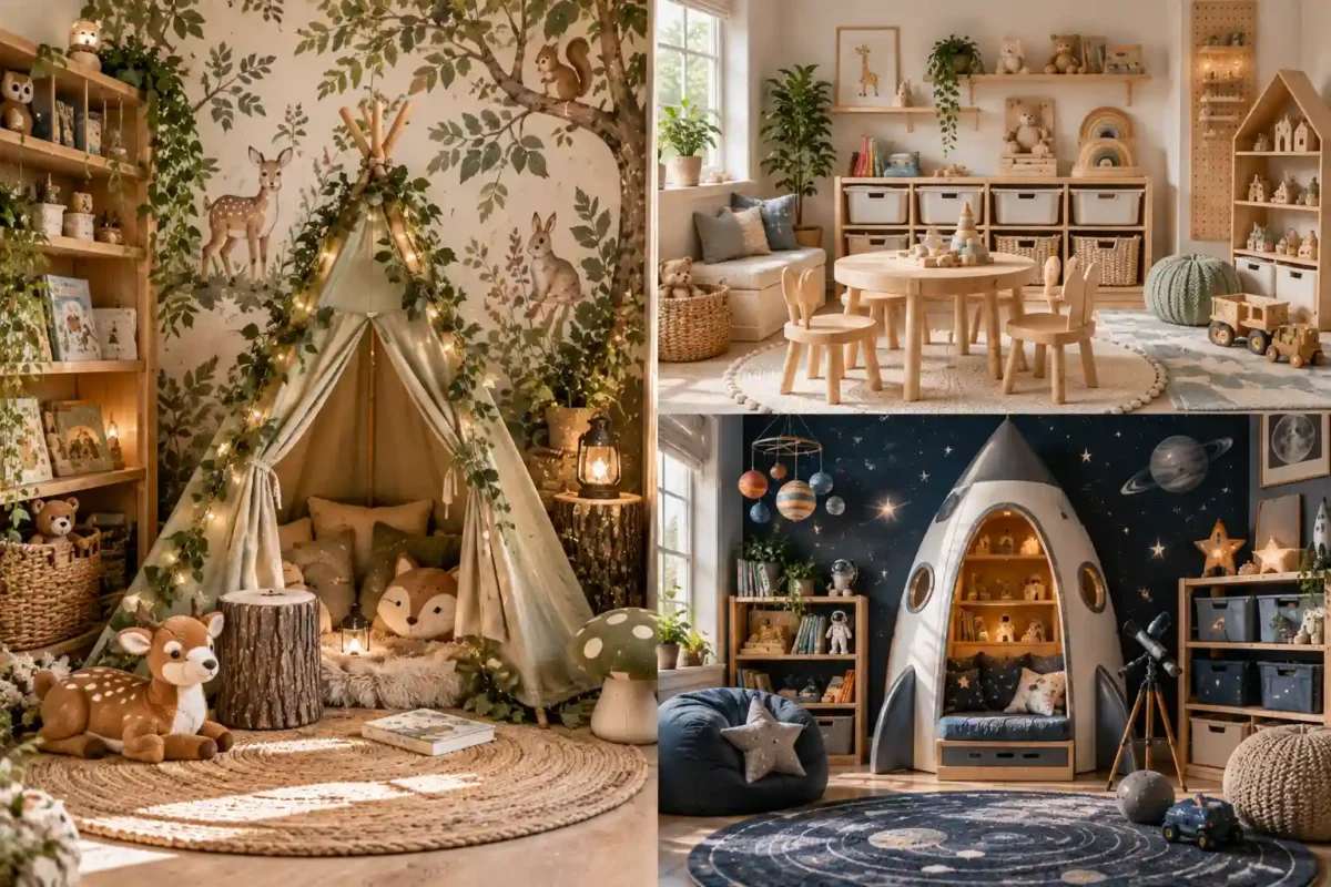 Four stylish children's playroom ideas featuring an enchanted woodland nook, colorful rainbow play area, Scandinavian play haven, and magical castle-themed play corner in a Pinterest-style interior design collage.