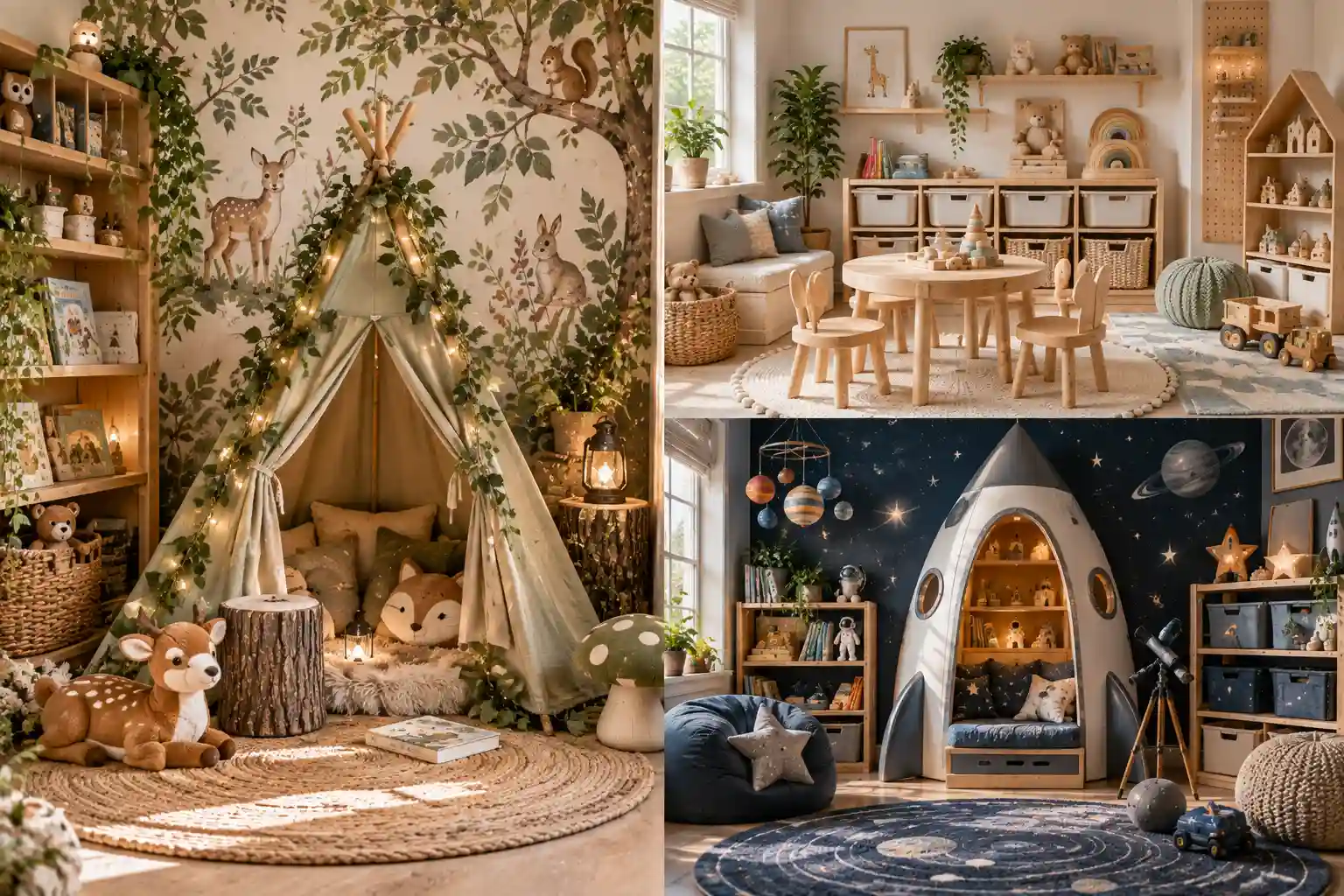 Four stylish children's playroom ideas featuring an enchanted woodland nook, colorful rainbow play area, Scandinavian play haven, and magical castle-themed play corner in a Pinterest-style interior design collage.