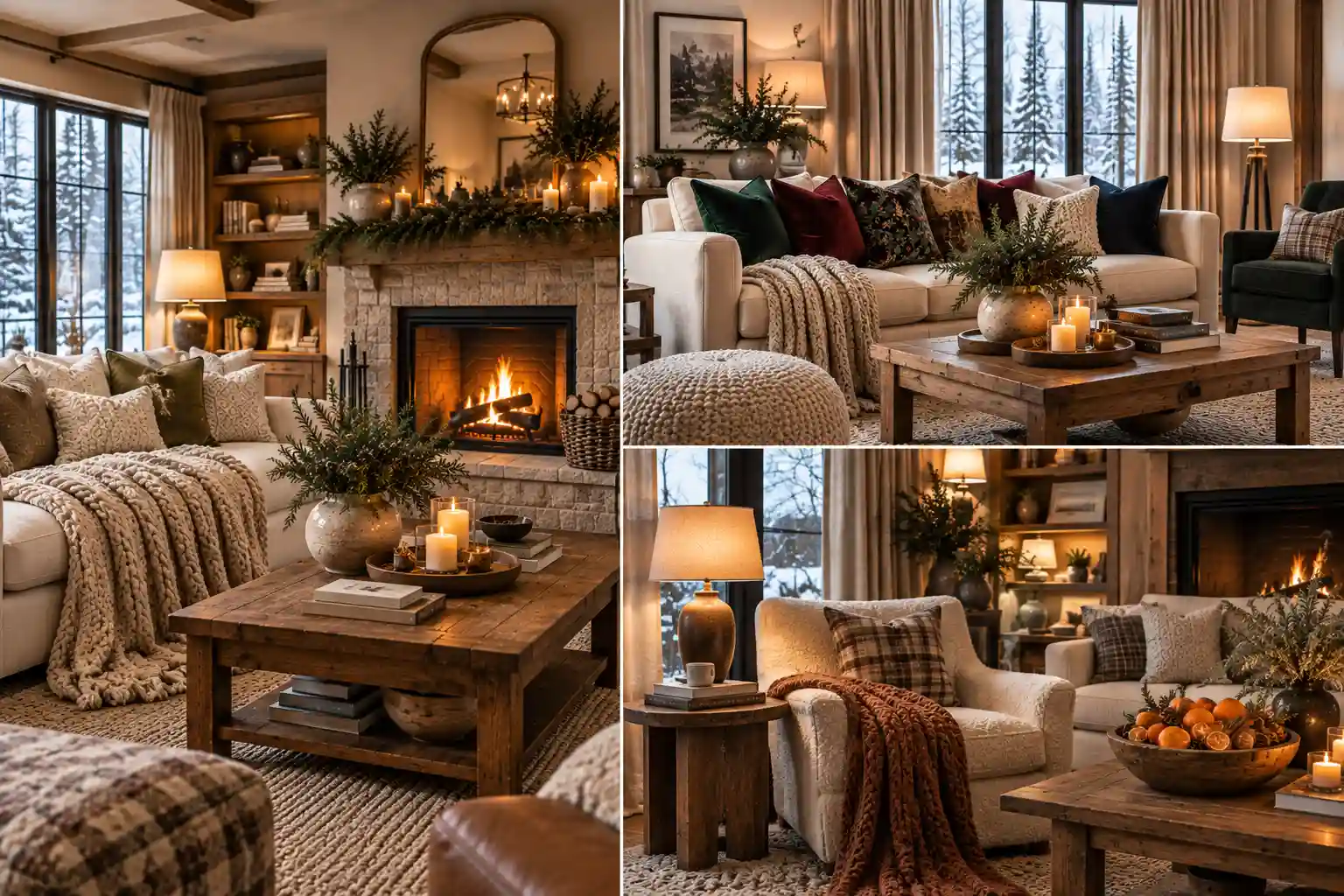 13 winter living room decor ideas featuring cozy layered textiles, chunky knit blankets, warm lighting, fireplace styling, winter greenery, textured rugs, candles, and inviting neutral interiors.