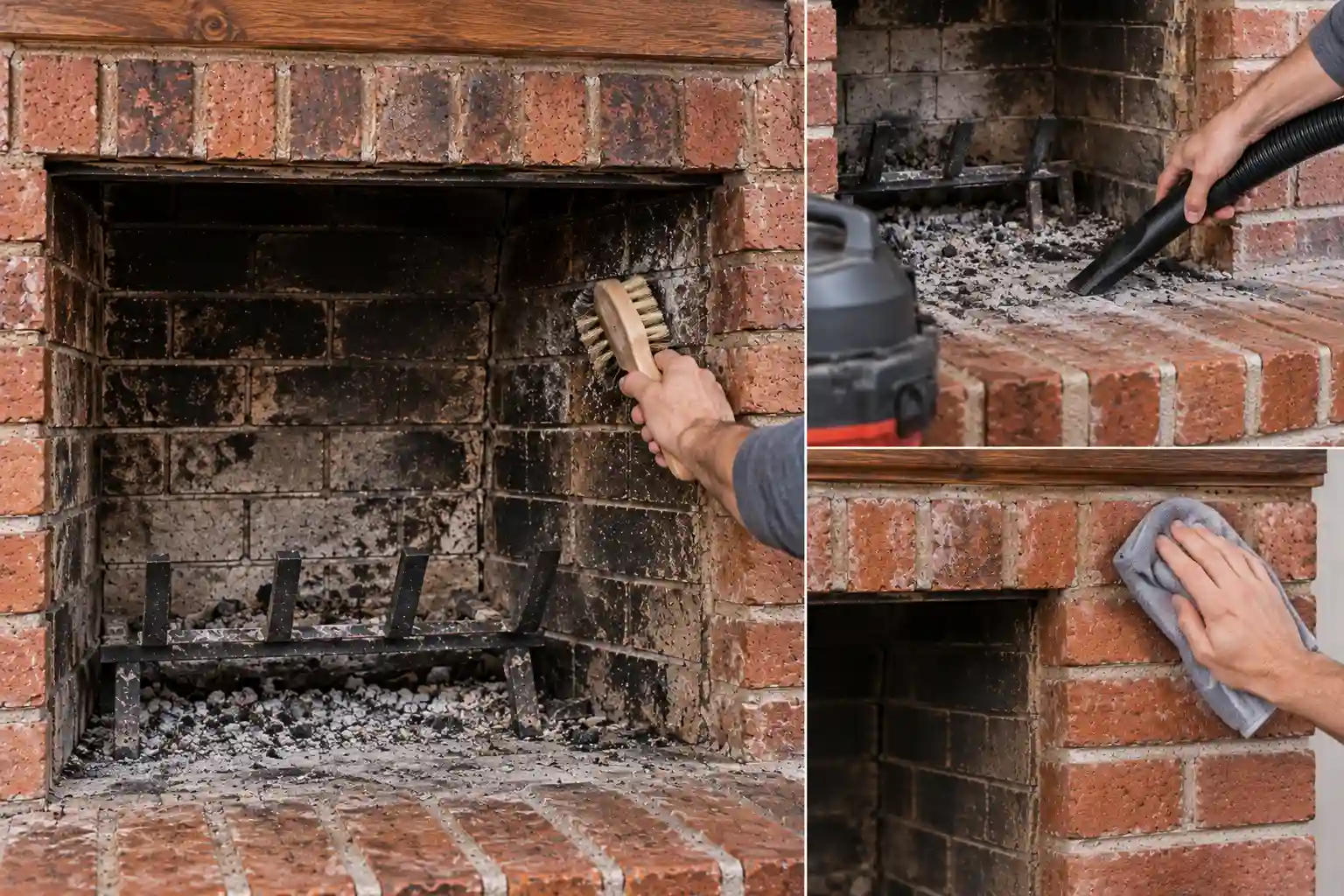 Vertical Pinterest-style collage showing three photorealistic brick fireplaces at different cleaning stages, from soot-covered brick and active scrubbing to a freshly cleaned fireplace, with a central cleaning guide headline and SmartDecorFinds.com branding. How to Clean a Brick Fireplace