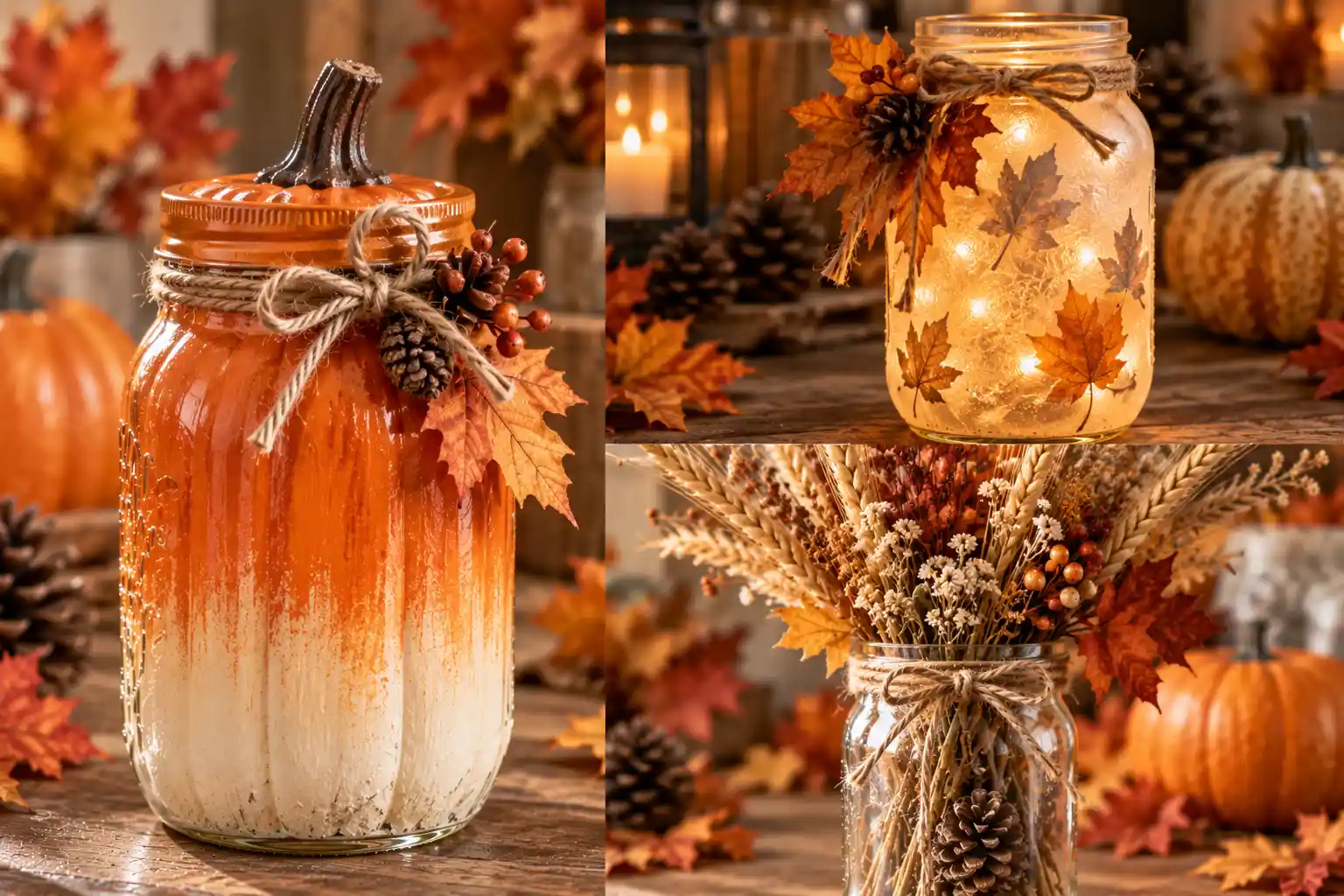 Three-photo editorial collage featuring different fall mason jar decoration ideas, including a painted pumpkin jar, glowing fairy light lantern, and dried wheat and wildflower Mason jar centerpiece.