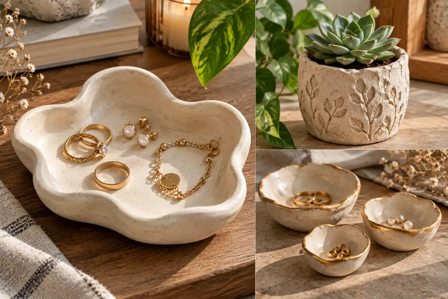 Three-photo editorial collage featuring handmade Air-Dry Clay Projects including an organic trinket dish, textured succulent planter, and mini clay bowls with gold leaf edges.