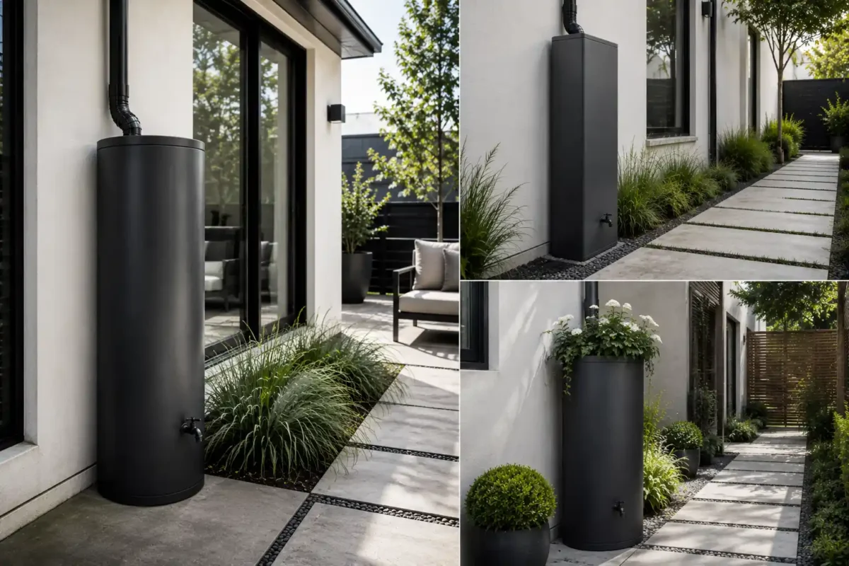 Three stylish contemporary rain barrel ideas displayed in a full-bleed editorial collage, featuring a matte-black sculptural barrel, a tall architectural charcoal rainwater tank, and a modern rain barrel with an integrated planter beside contemporary homes and minimalist landscaping.