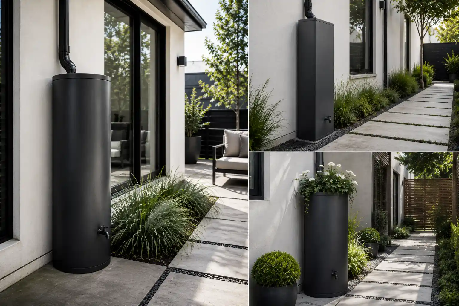 Three stylish contemporary rain barrel ideas displayed in a full-bleed editorial collage, featuring a matte-black sculptural barrel, a tall architectural charcoal rainwater tank, and a modern rain barrel with an integrated planter beside contemporary homes and minimalist landscaping.