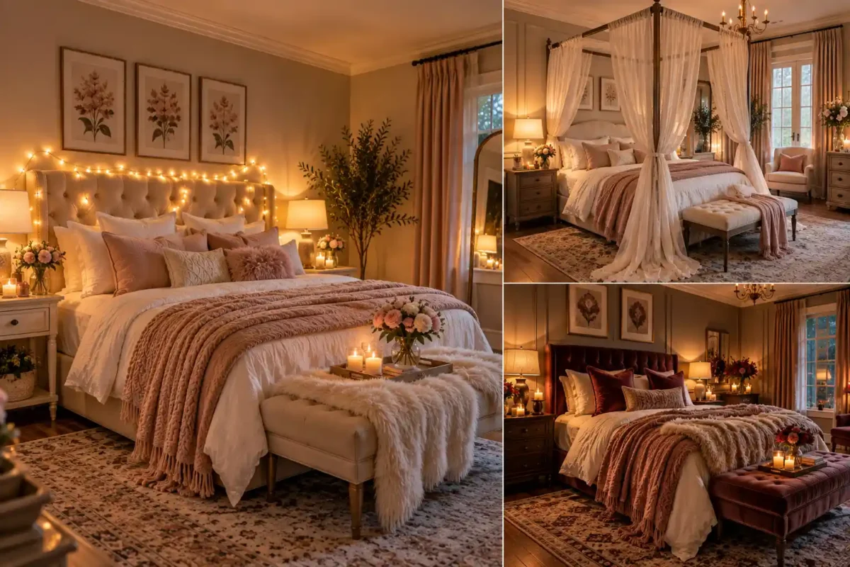 Romantic Bedroom Decor Ideas featuring warm fairy lights, elegant layered bedding, a canopy-inspired bed, soft textiles, flowers, and cozy ambient lighting in a sophisticated Pinterest-style interior.