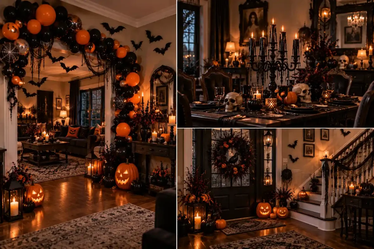 15 indoor Halloween decor ideas shown in a stylish spooky living room featuring glowing pumpkins, black candles, gothic accents, bats, cobwebs, and classic Halloween decorations.