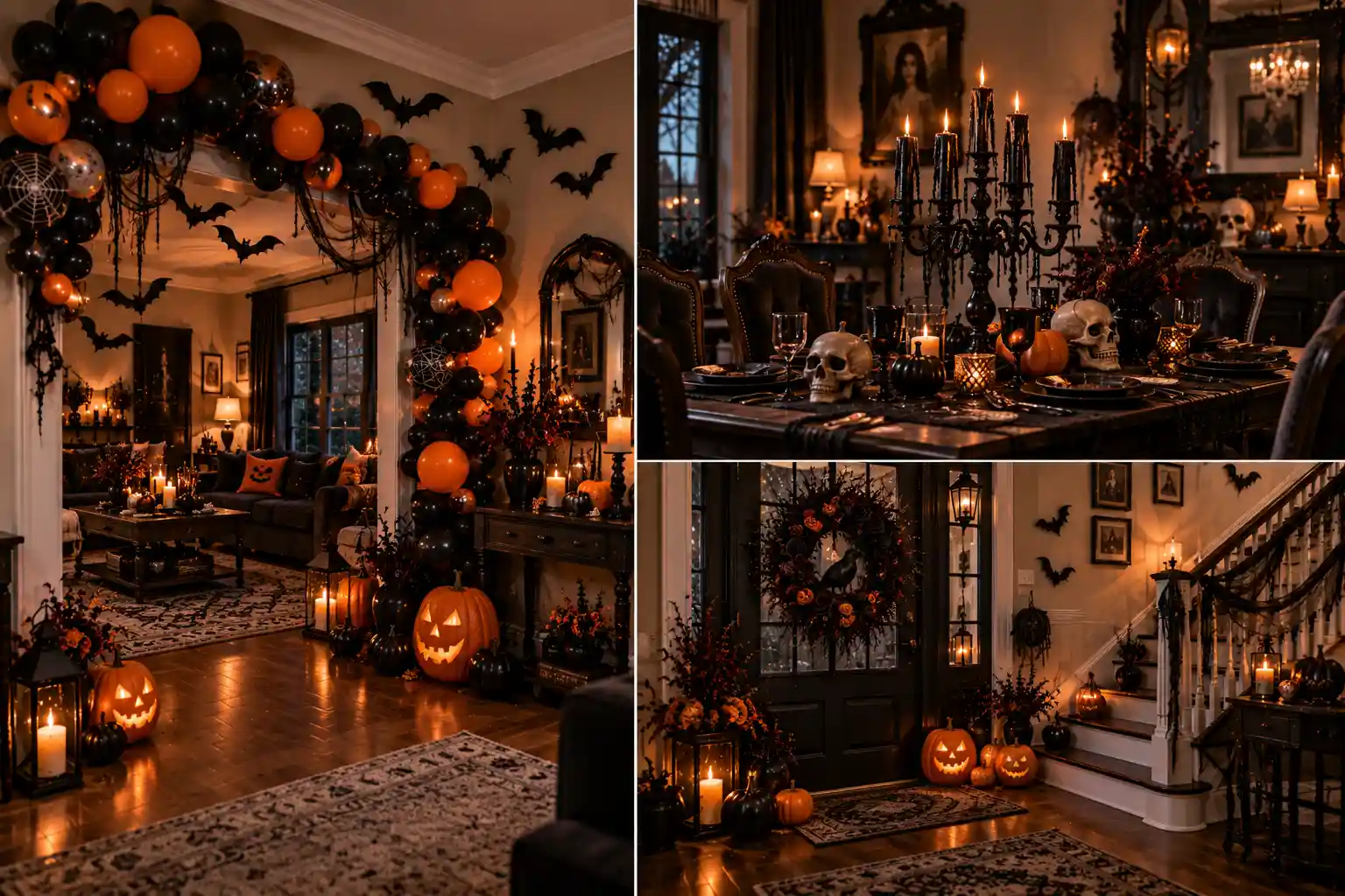 15 indoor Halloween decor ideas shown in a stylish spooky living room featuring glowing pumpkins, black candles, gothic accents, bats, cobwebs, and classic Halloween decorations.
