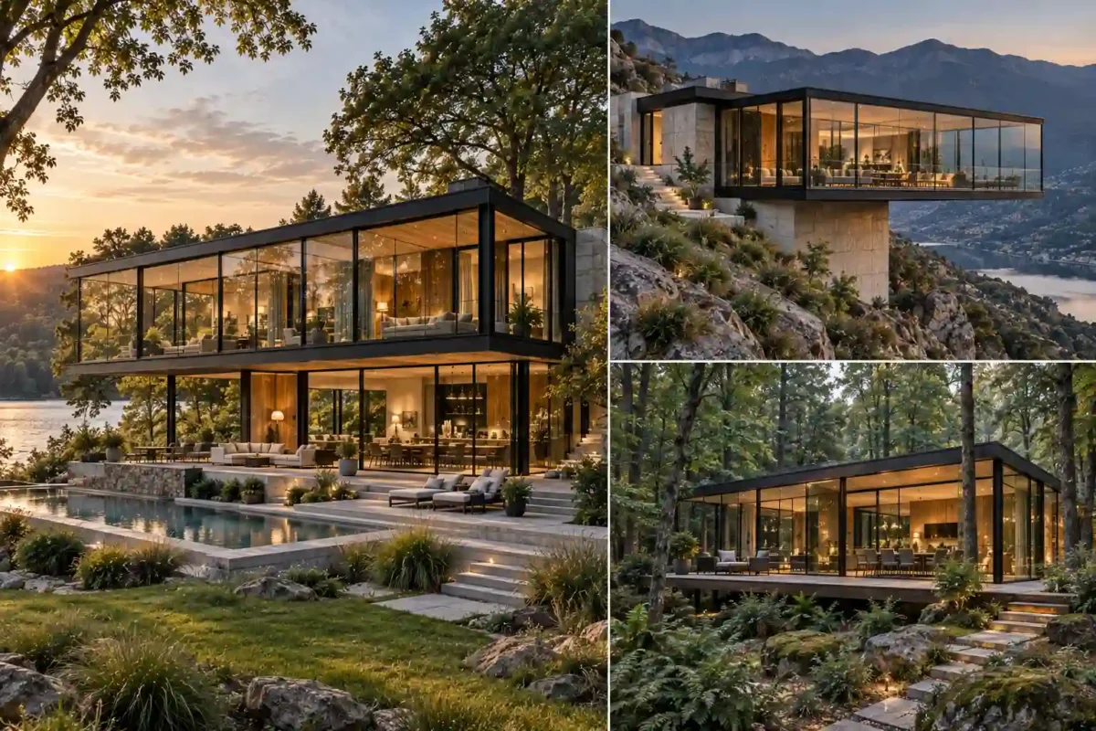 11 modern glass house ideas featuring realistic contemporary homes with floor-to-ceiling glass walls, dark structural frames, natural landscapes, mountain views, forest settings, outdoor terraces, and innovative architectural designs.