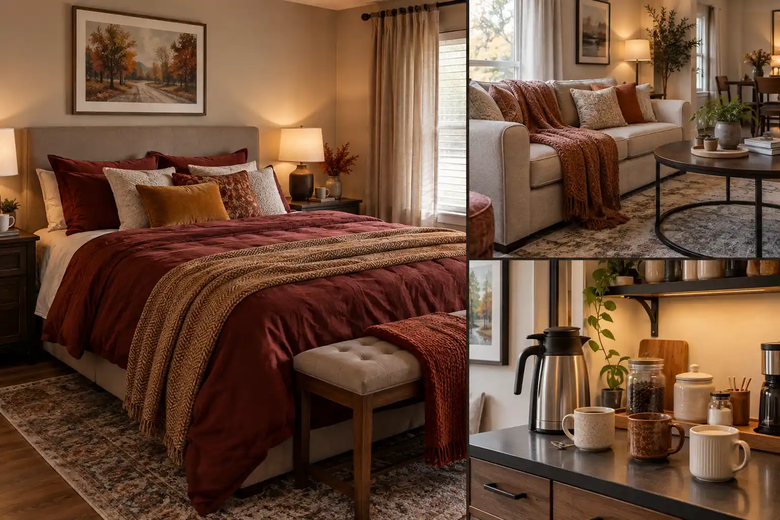 Realistic fall home interior collage featuring three different cozy decorating ideas, including warm-toned bedding, a neutral living room with a cozy blanket, and a practical tea or coffee corner. fall home decor