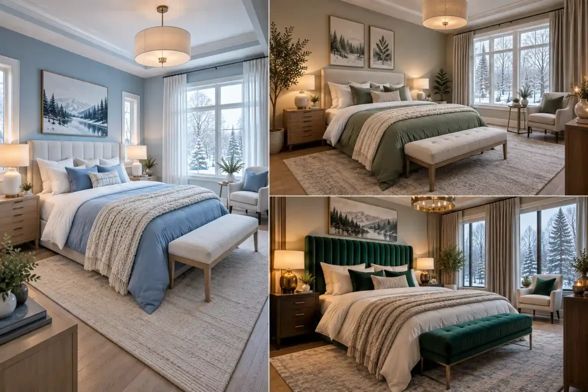 Modern winter bedroom decor ideas featured in a three-photo editorial collage, showcasing cozy contemporary interiors with frosty blue and white bedding, sage green and cream layers, and a luxurious emerald velvet headboard.