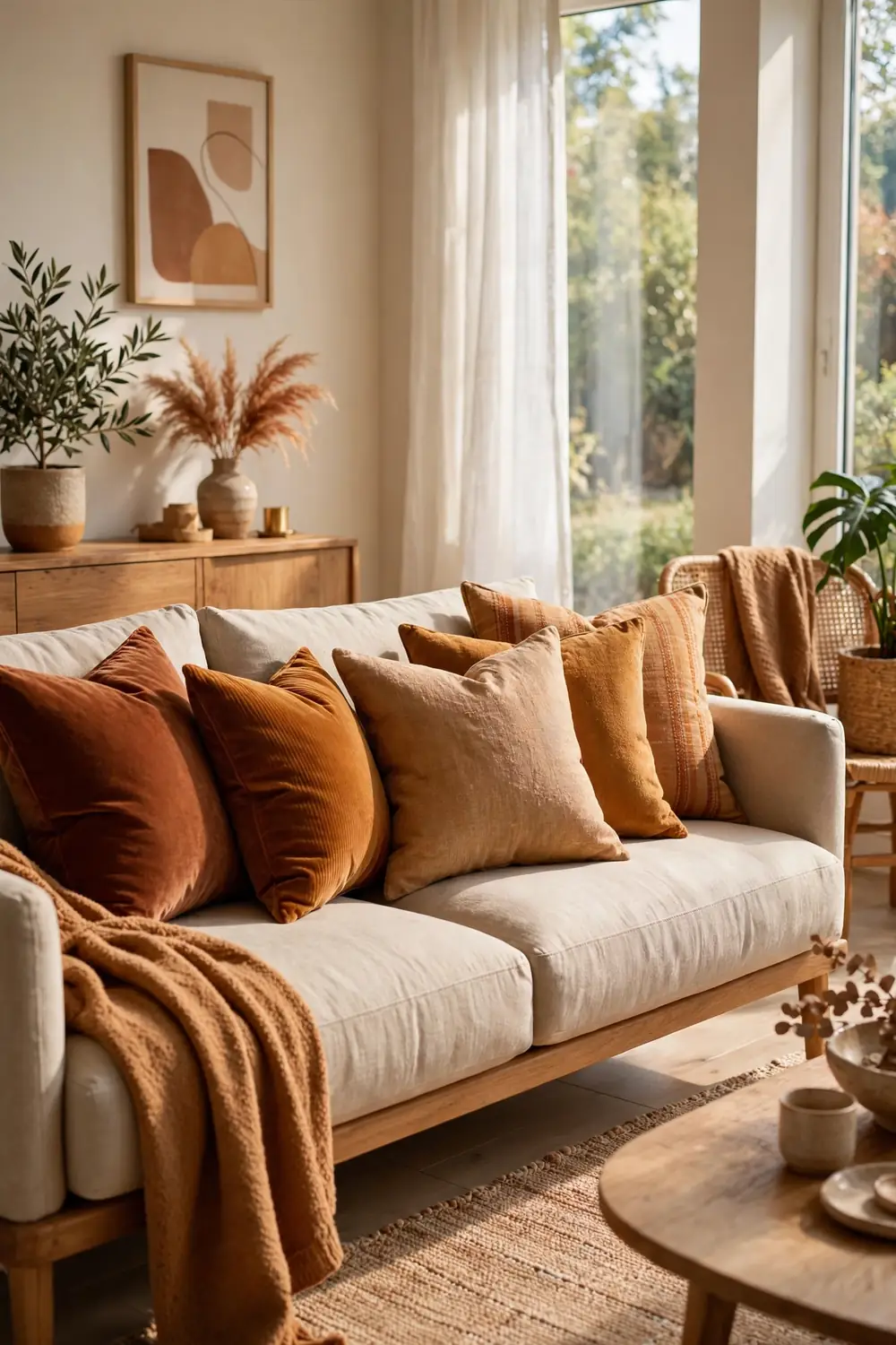 Amber and rust throw pillows layered on a sofa, a cozy fall living room decor idea