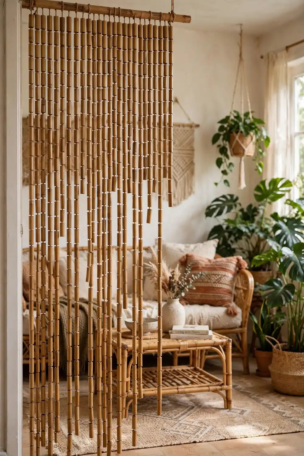 DIY bamboo beaded curtain in a boho doorway