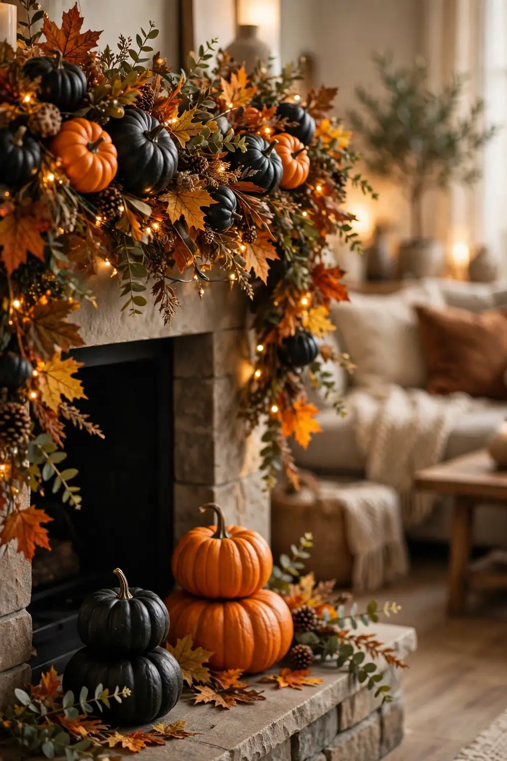 Black and orange pumpkin garland Halloween mantel decor Fireplace mantel decorated with a black and orange pumpkin garland and string lights