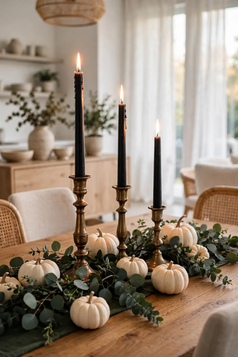 Elegant Halloween table decor with tall black taper candles in brass holders, white pumpkins and an eucalyptus runner