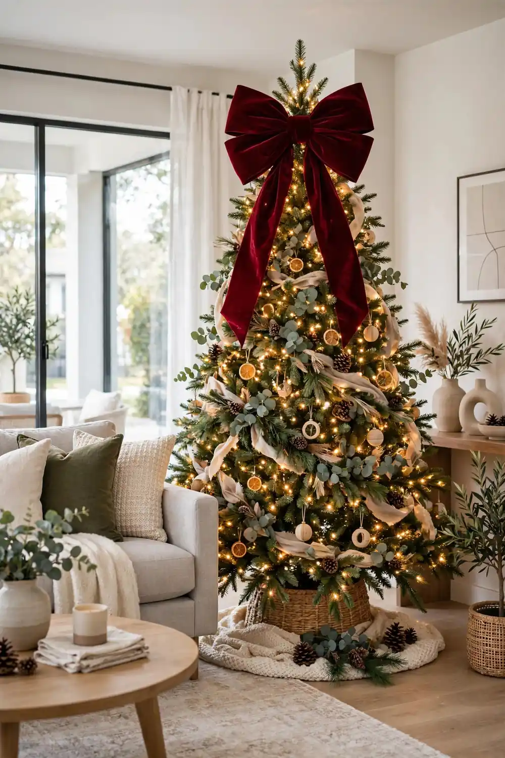 Giant deep red velvet bow as Christmas tree topper on a decorated tree with warm lights in a bright living room
