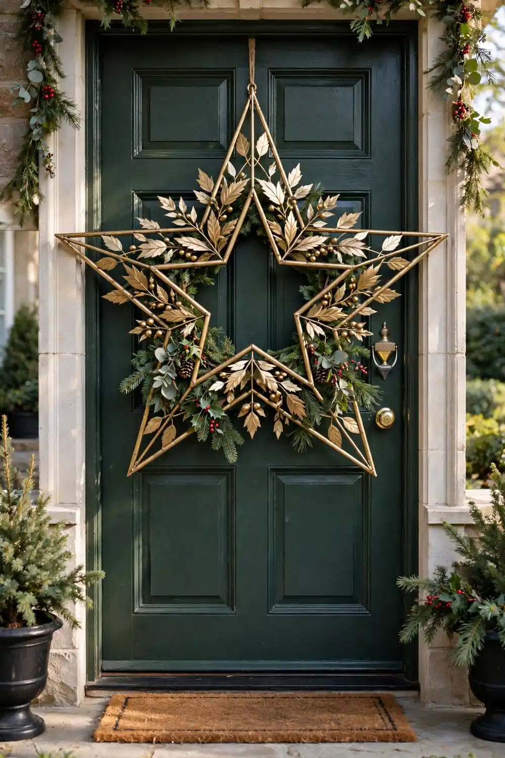 Oversized brass metal star wreath on a dark green front door, a Christmas star decor idea