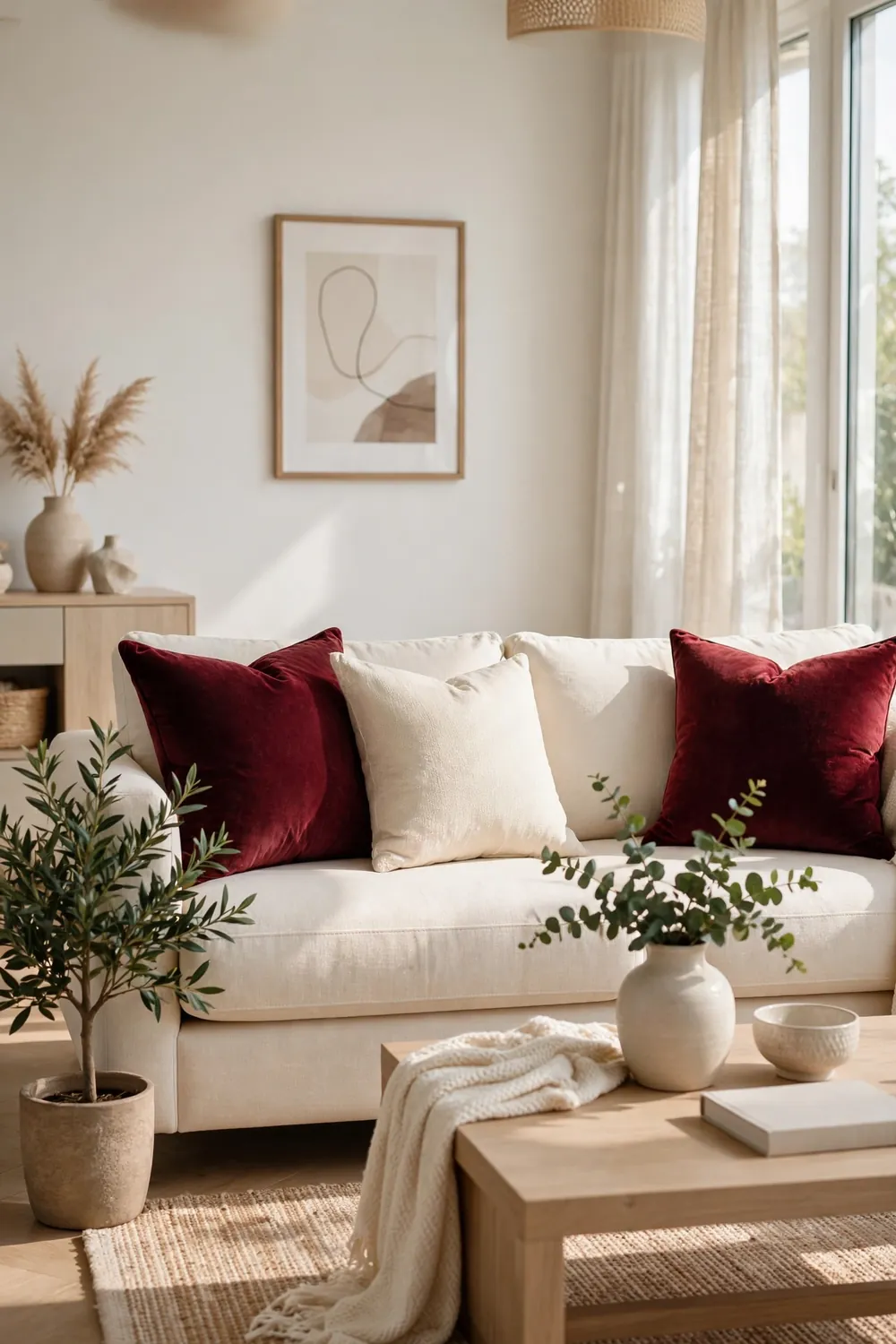 Cream sofa styled with two deep burgundy velvet throw pillows on the outer edges and a cream pillow in the middle in a bright modern living room