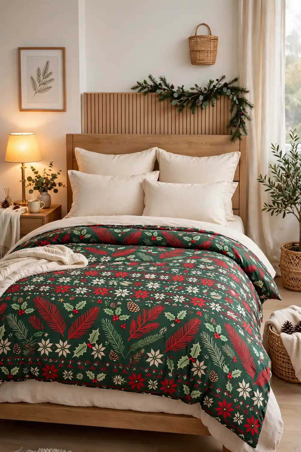 Festive Christmas duvet set bed styling Cozy christmas bedroom decor with a festive red and green Christmas duvet set styled on a bed