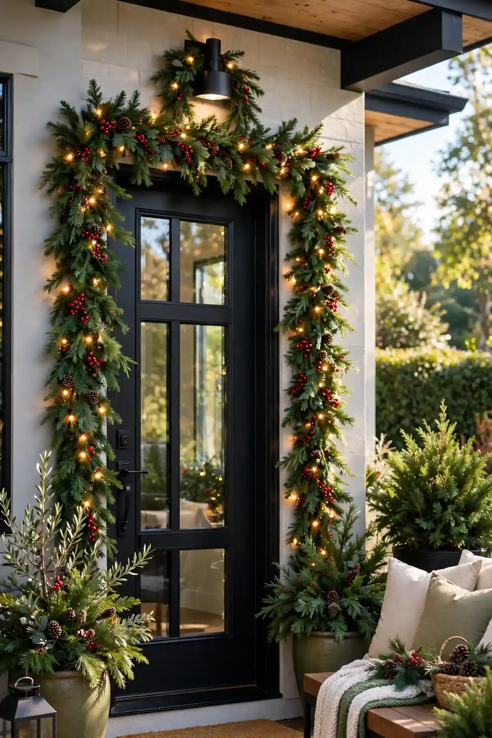 Lit Garland Framing the Front Door Christmas Porch Decor Idea Lit Christmas garland framing a front door with warm white lights