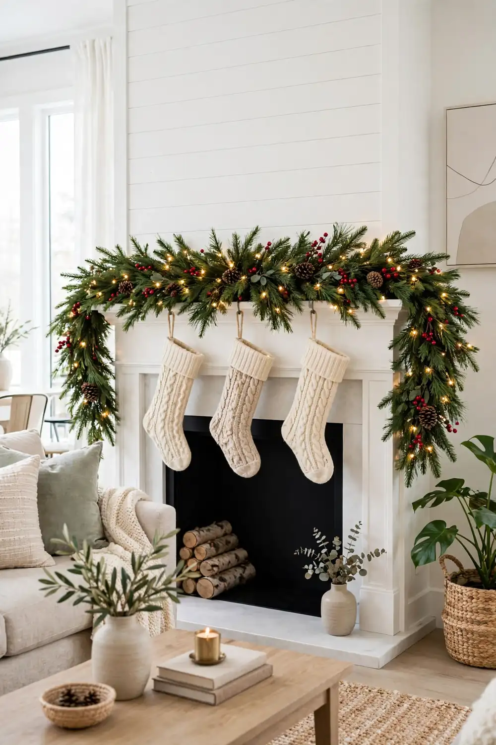 Classic christmas garland ideas for a fireplace mantel with evergreen branches, red berries and warm lights