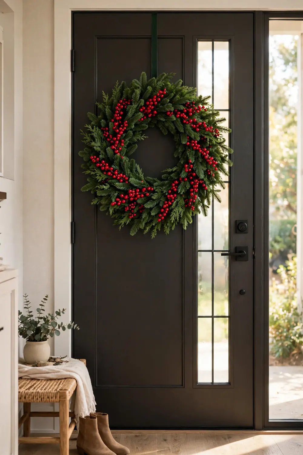 Classic evergreen Christmas wreath ideas with bright red berries hanging on a front door