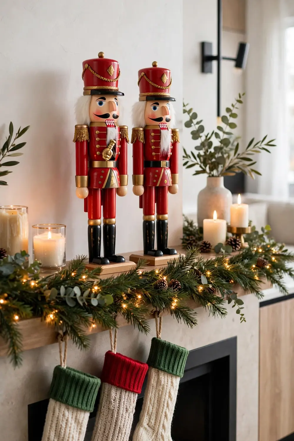 Classic red and gold nutcracker christmas decor ideas on a mantel with pine garland and fairy lights