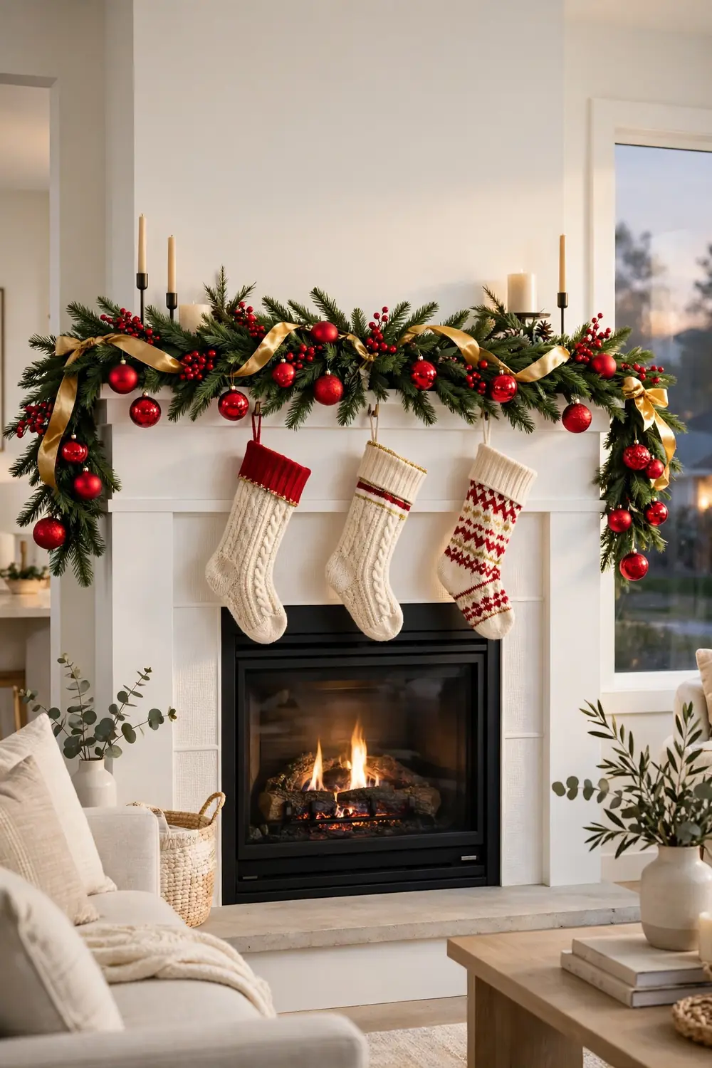 Classic Christmas mantel decor ideas with red and green garland and gold ribbon