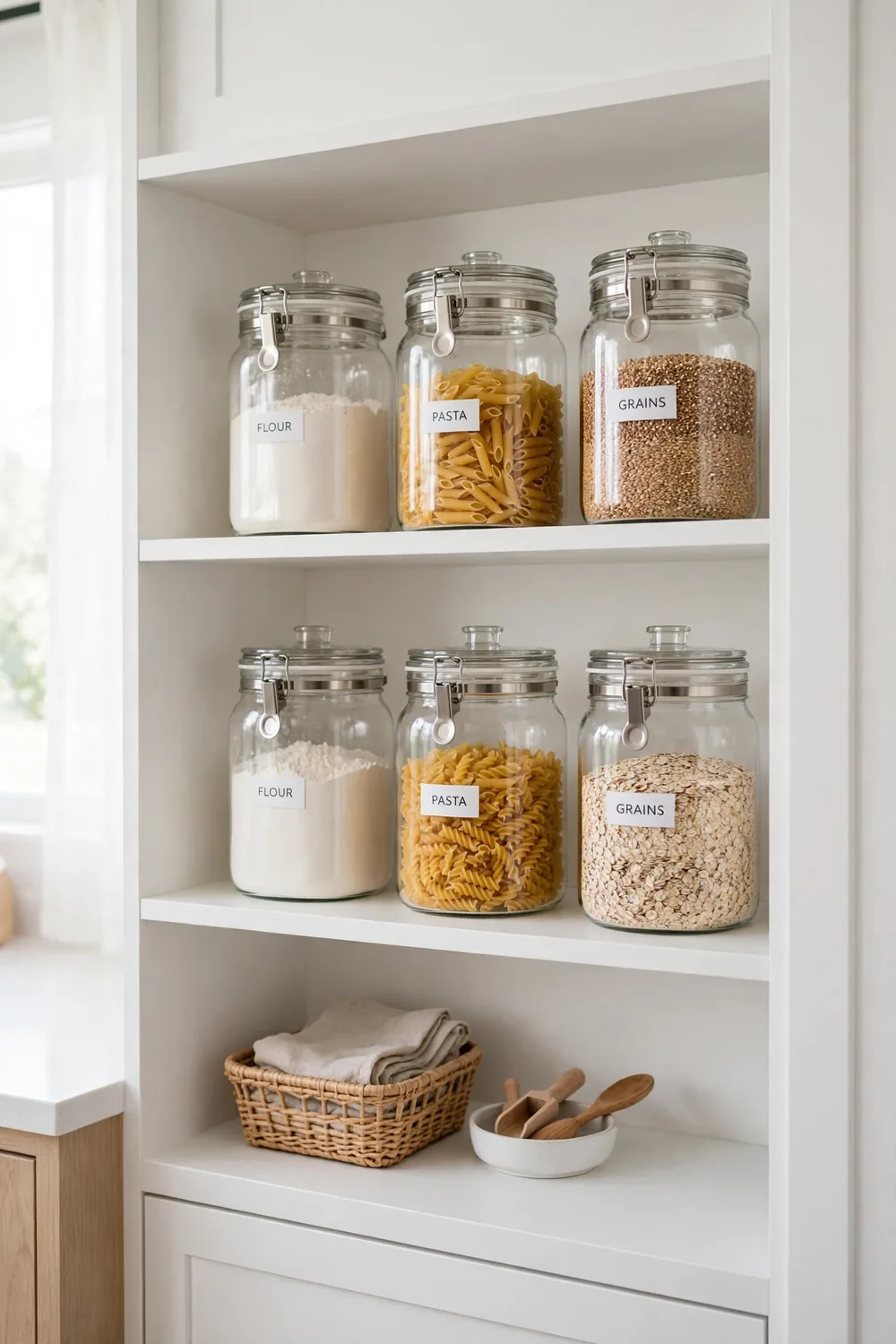 Bright modern pantry with clear airtight canisters with minimal labels for dry goods