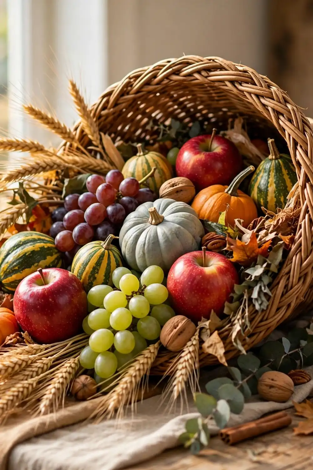 Cornucopia overflowing with harvest produce, one of our favorite thanksgiving centerpieces