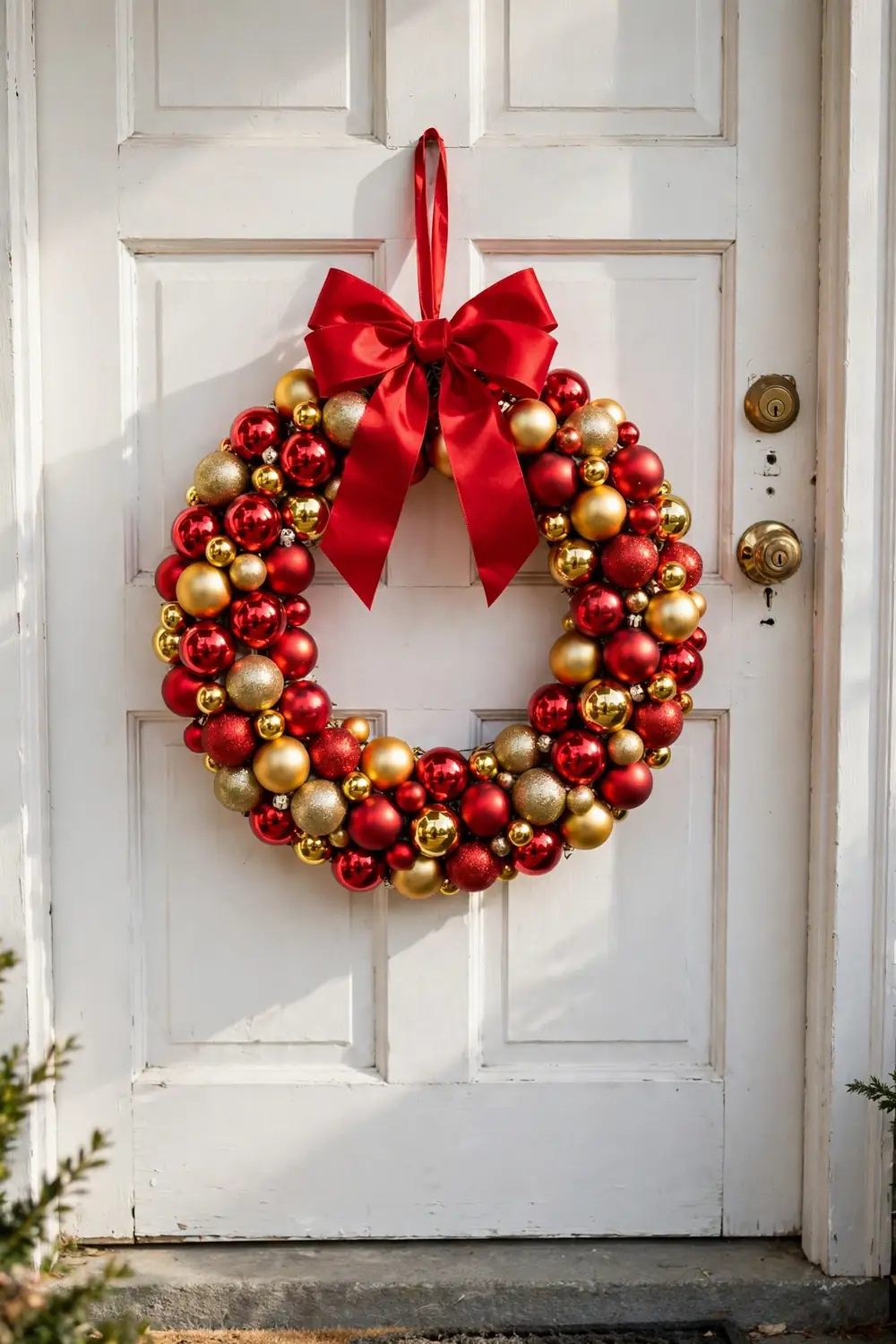 DIY Ornament Wreath From Dollar Store Baubles DIY Christmas wreath handmade from red and gold dollar store ornaments, a favorite dollar tree christmas decor diy