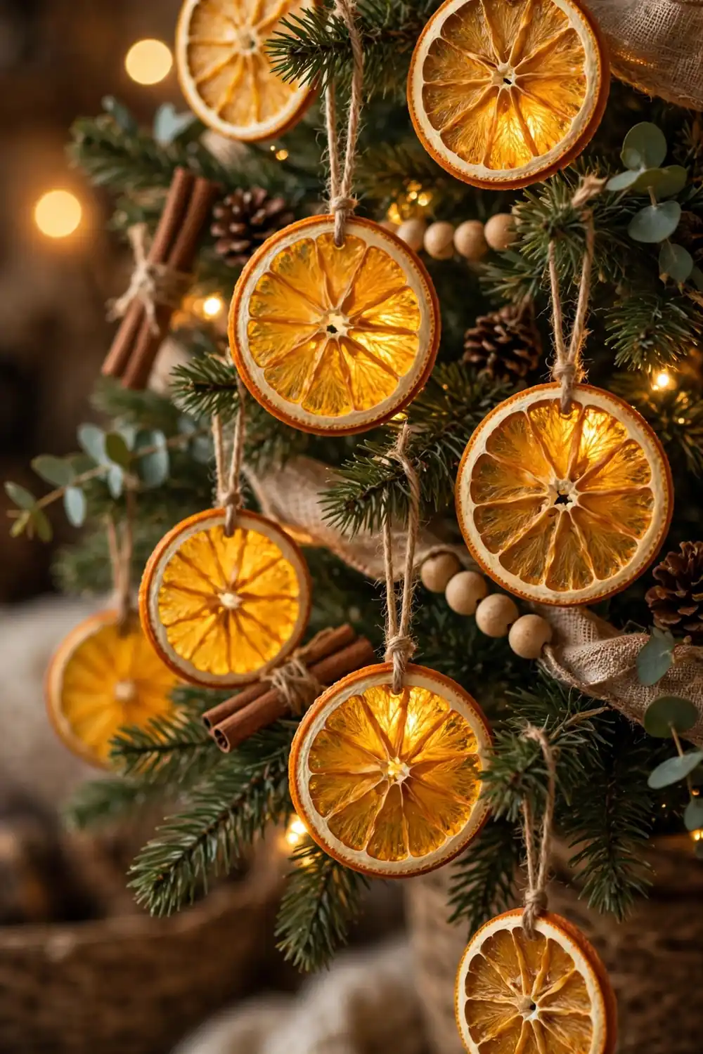 Dried orange slice ornament glowing on a Christmas tree, a simple diy christmas ornament idea