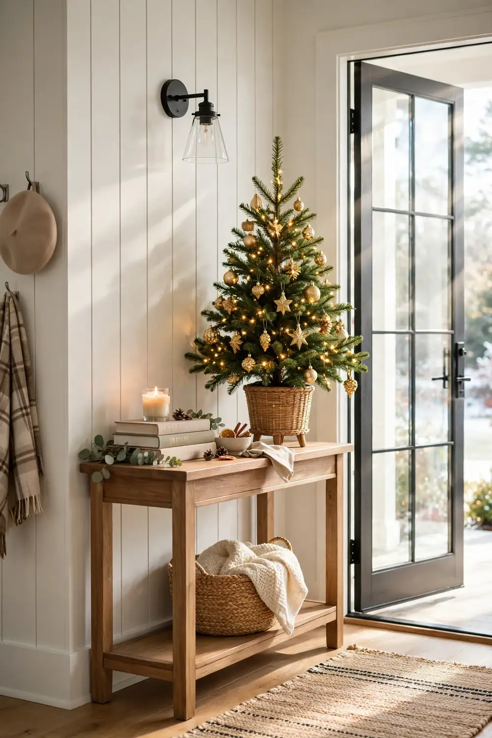 Mini Christmas tree on an entryway console, one of the cutest christmas entryway decor ideas