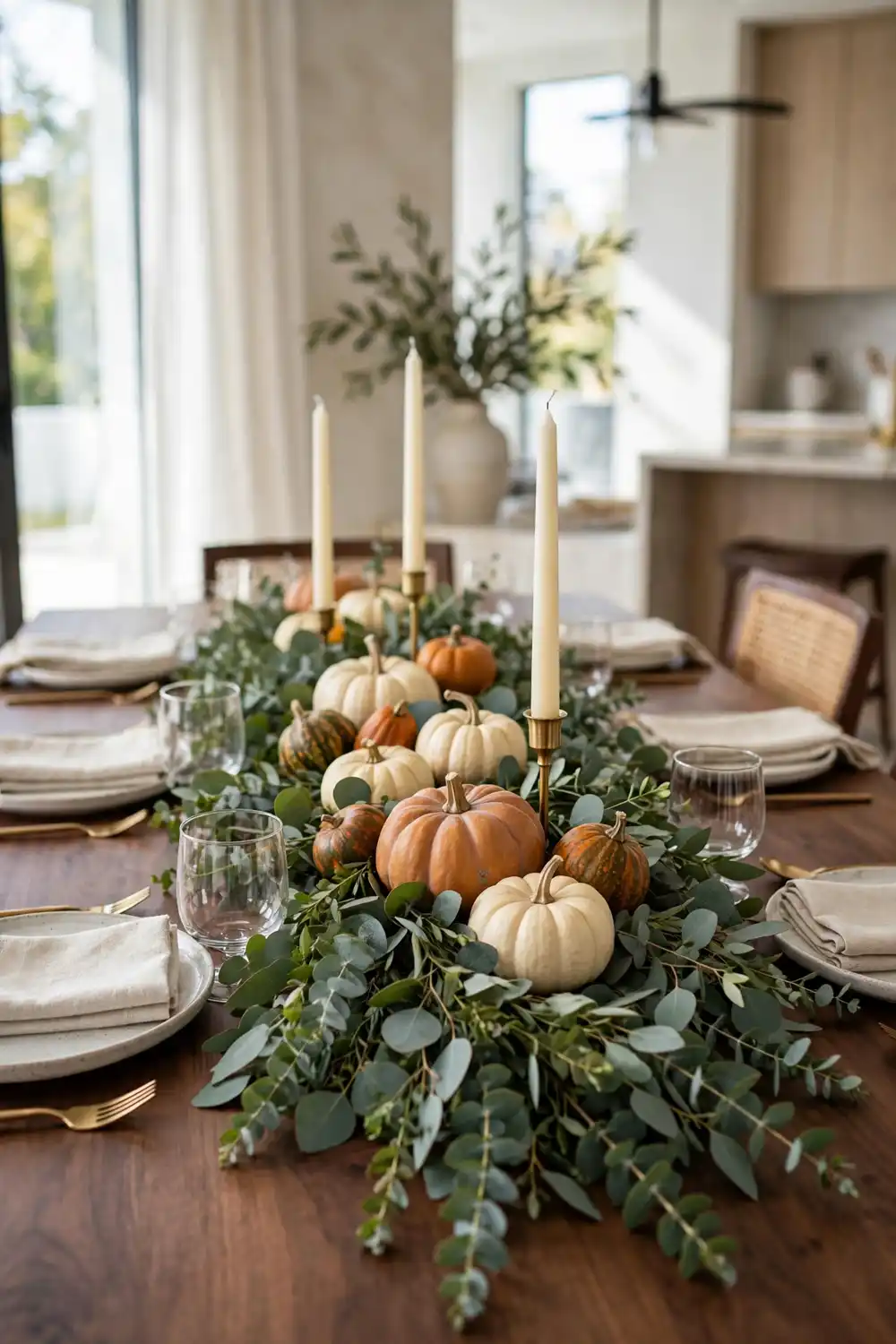 Layered Eucalyptus and Pumpkin Centerpiece Runner | Smart Decor Finds Layered eucalyptus garland and pumpkin runner creating an elegant Thanksgiving table decor centerpiece