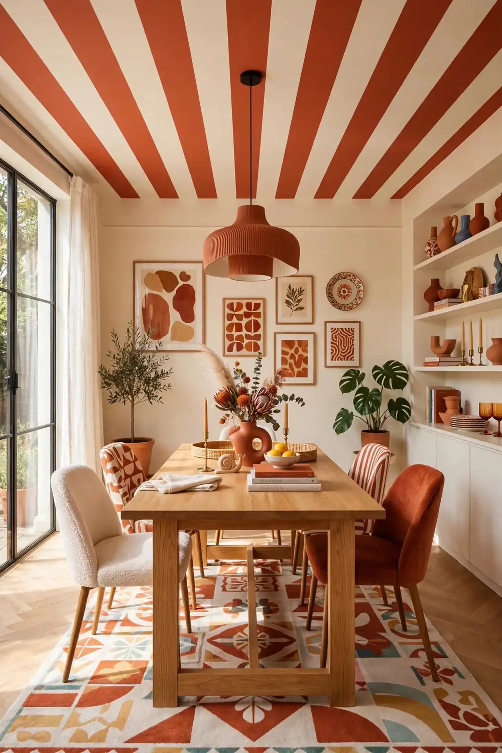 Striped ceiling DIY with terracotta and white stripes in dining room