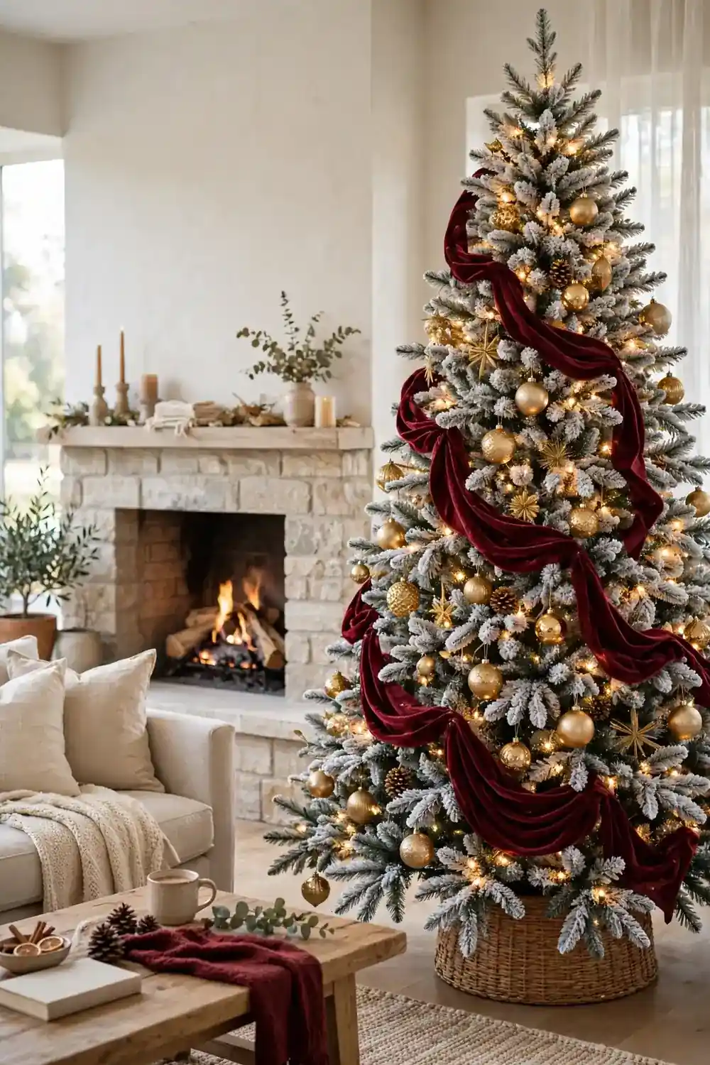 Flocked Christmas tree decorated with burgundy ribbon and warm lights, a cozy christmas living room decor idea