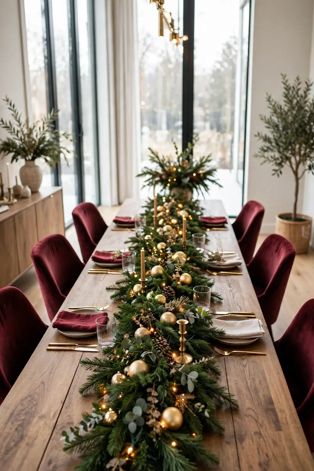 Christmas dining room decor, garland table runner with fairy lights Christmas dining room decor with a lush evergreen garland runner and warm fairy lights down a long wooden table