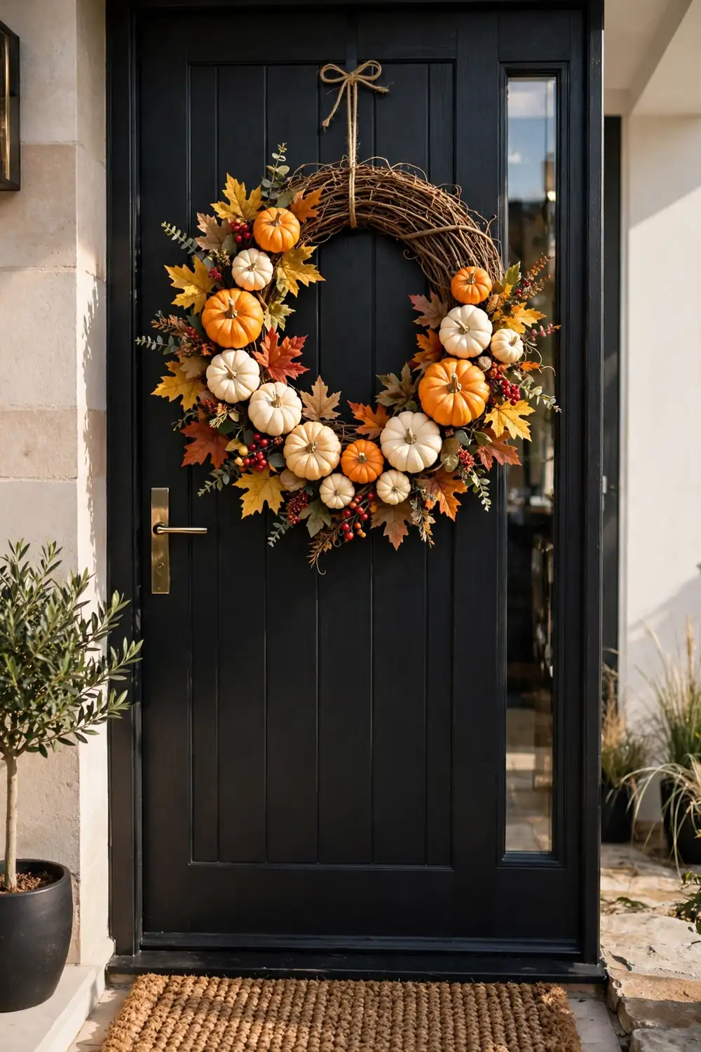 Grapevine wreath with mini pumpkins Fall wreath ideas with a natural grapevine wreath decorated with mini pumpkins