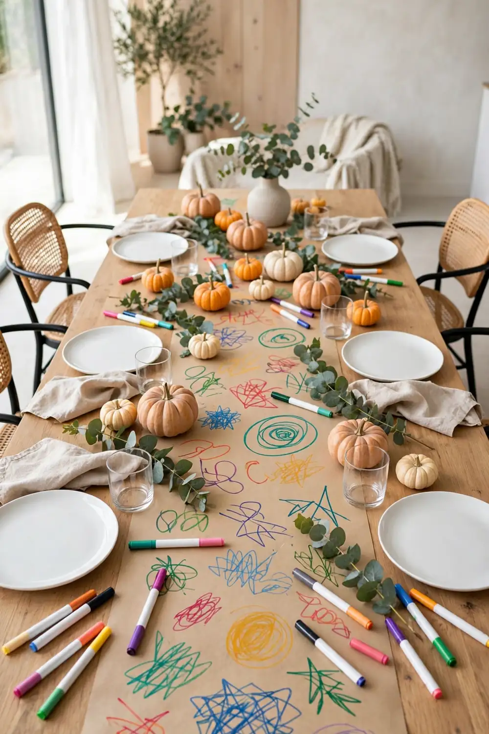 Friendsgiving table decor ideas with a kraft paper runner guests can doodle on