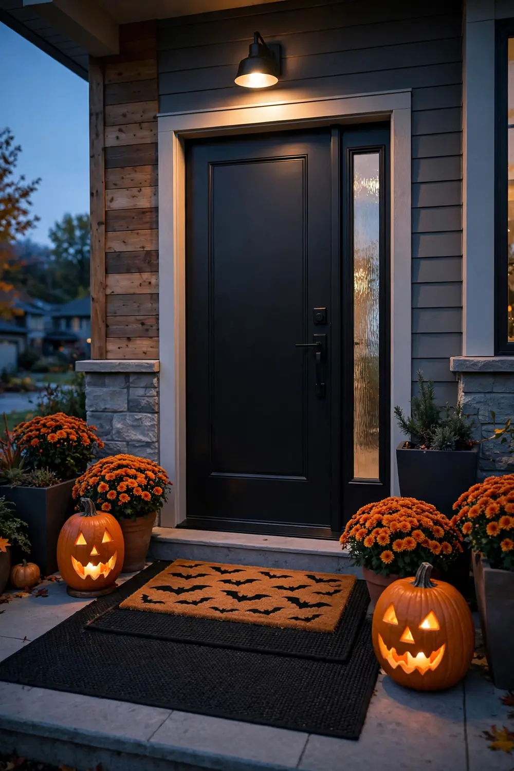 Layered Halloween Doormats Halloween front porch decor ideas: layered black rug and orange coir doormat with bat silhouettes, glowing pumpkins beside the front door