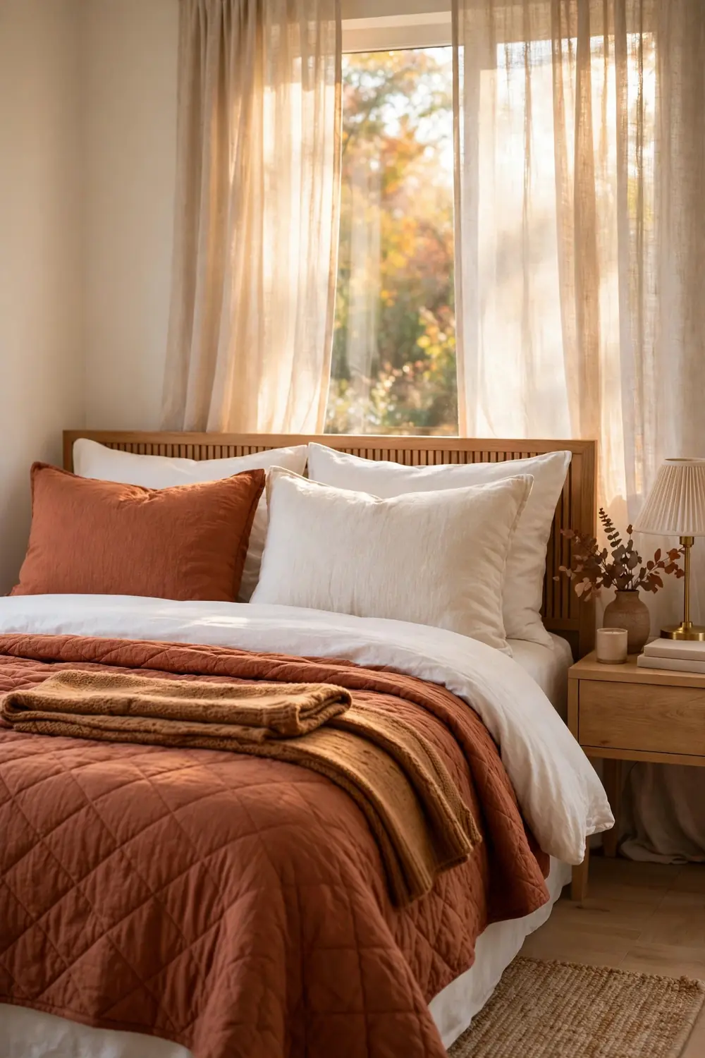 Layered Fall Bedding Bed with layered rust terracotta quilt over white bedding and folded knit throw, a cozy fall bedroom decor idea