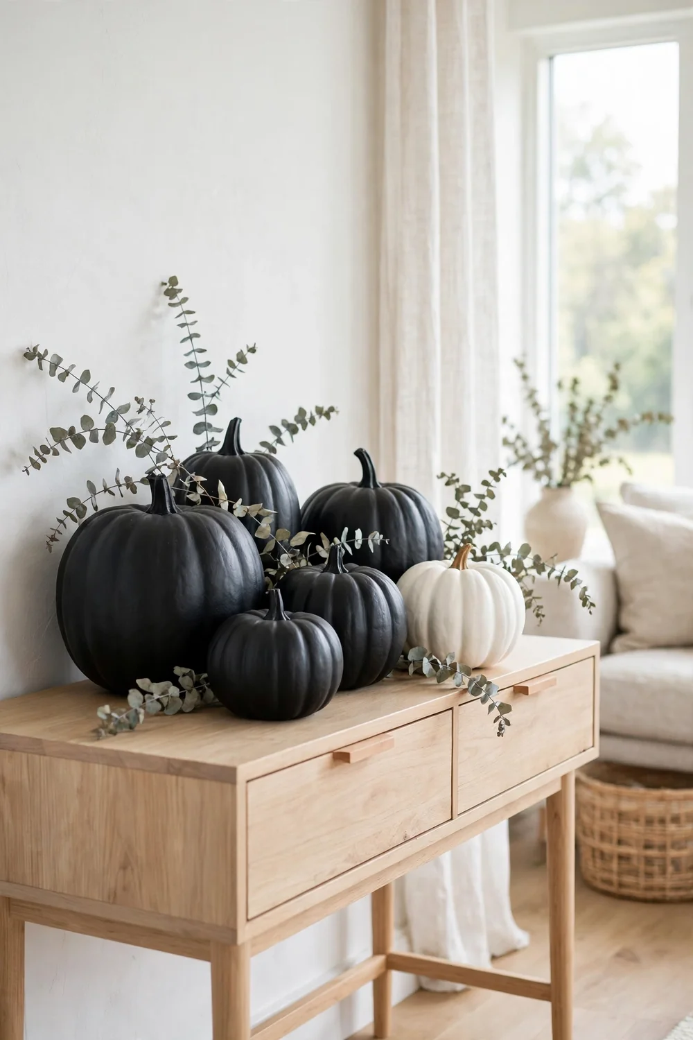 Matte black painted pumpkins styled on a console table with dried eucalyptus, one of the chicest halloween pumpkin decor ideas for a modern haunted home