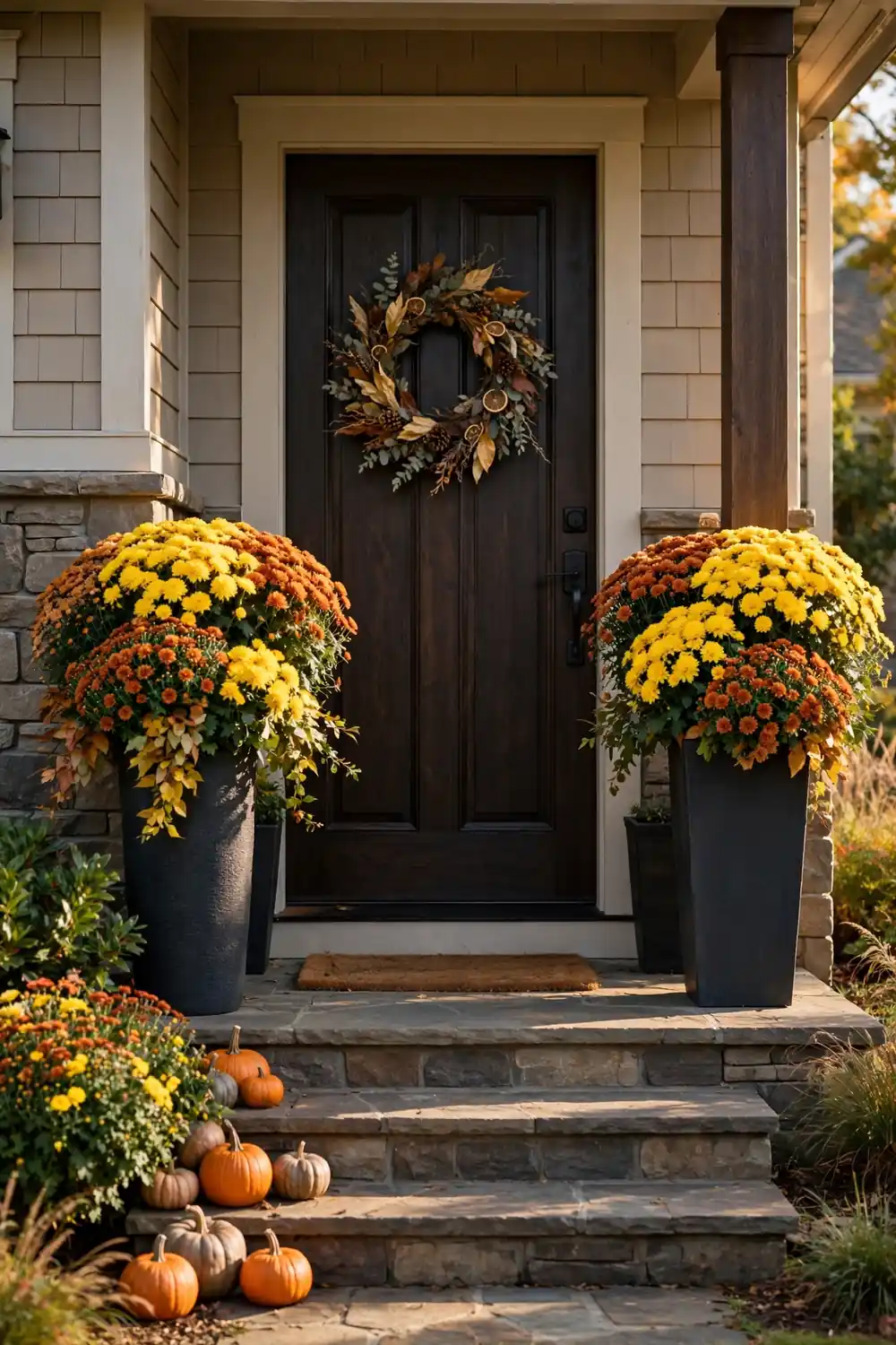Two tall planters of golden mums flanking a fall front door, a classic among fall front door decor ideas