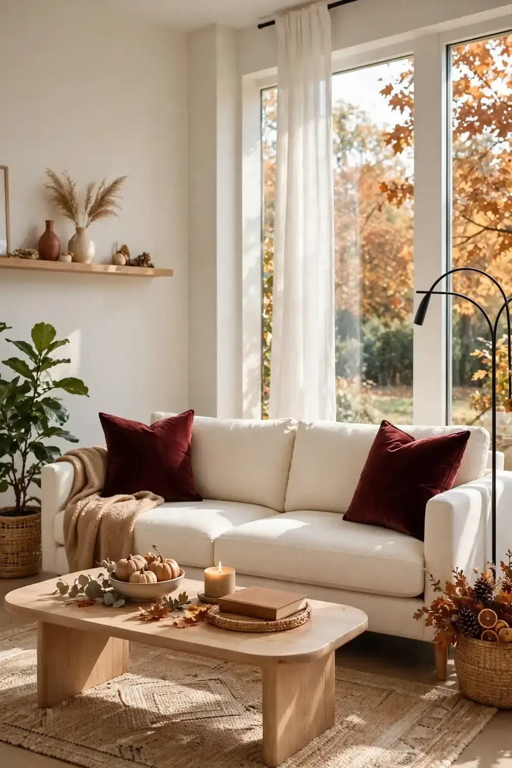 Velvet throw pillow styling ideas with oxblood burgundy velvet pillows on a cream sofa in a bright modern living room