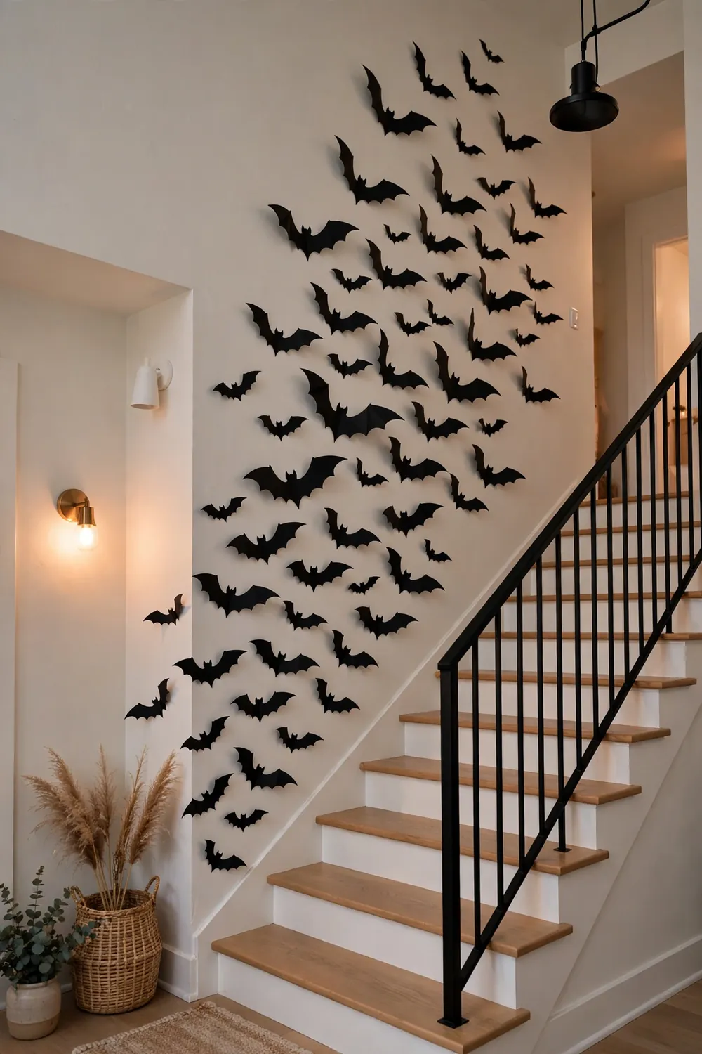 Paper bat swarm flying up a staircase wall, one of the easiest last minute halloween decor ideas