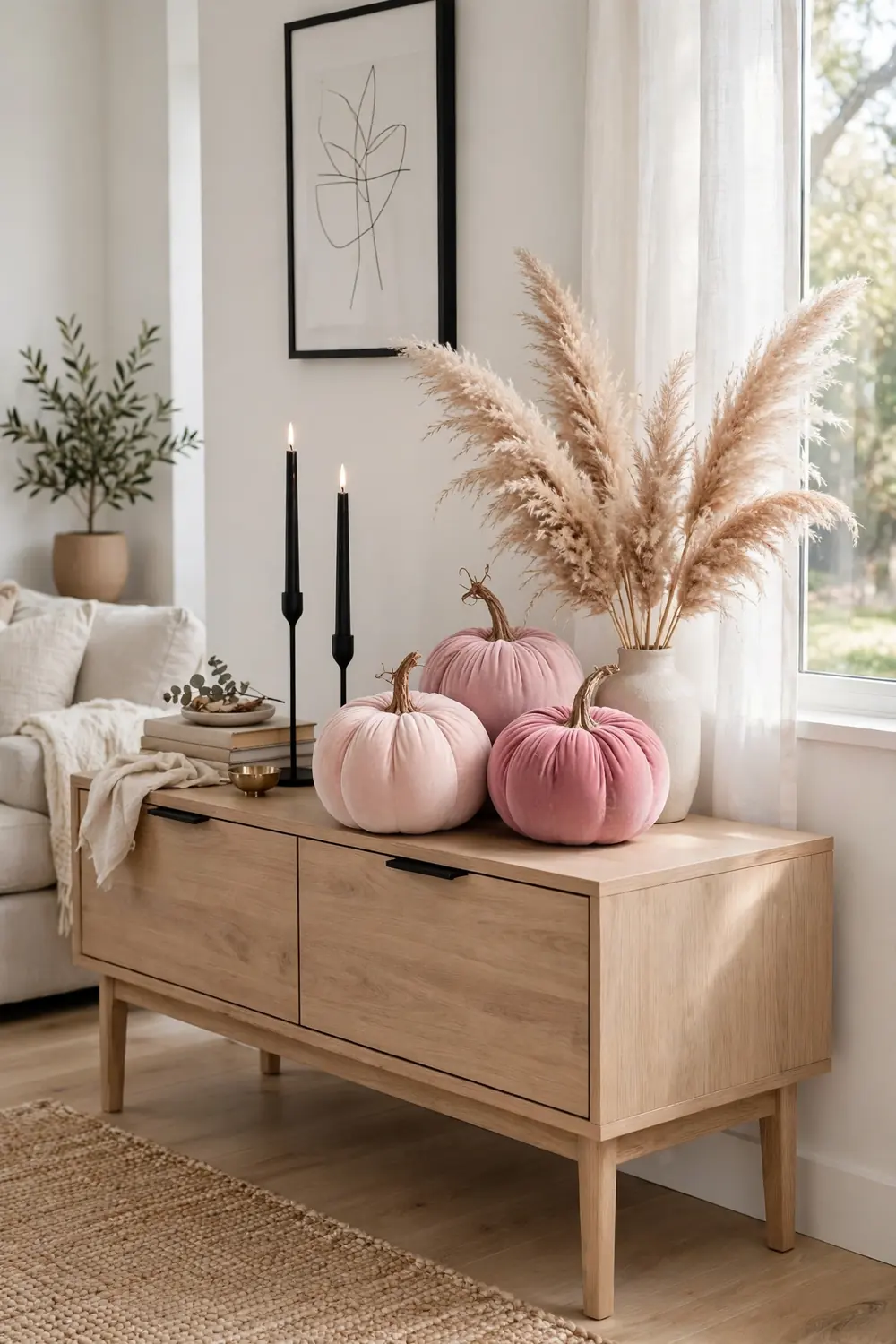 Pink velvet pumpkins in blush and rose shades on a console table, one of the cutest pink halloween decor ideas