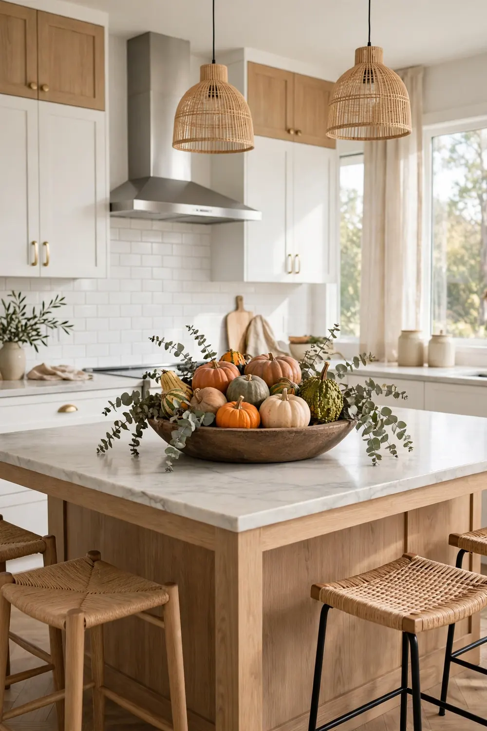 Pumpkin Gourd Island Centerpiece Kitchen island centerpiece with pumpkins and gourds in a wooden dough bowl, Thanksgiving kitchen decor ideas