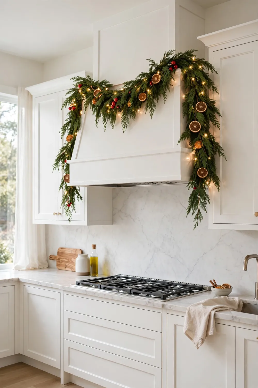 Cedar Garland Draped Over a White Range Hood with Warm Fairy Lights Christmas kitchen decor ideas with a lush cedar garland draped over a white range hood with warm fairy lights