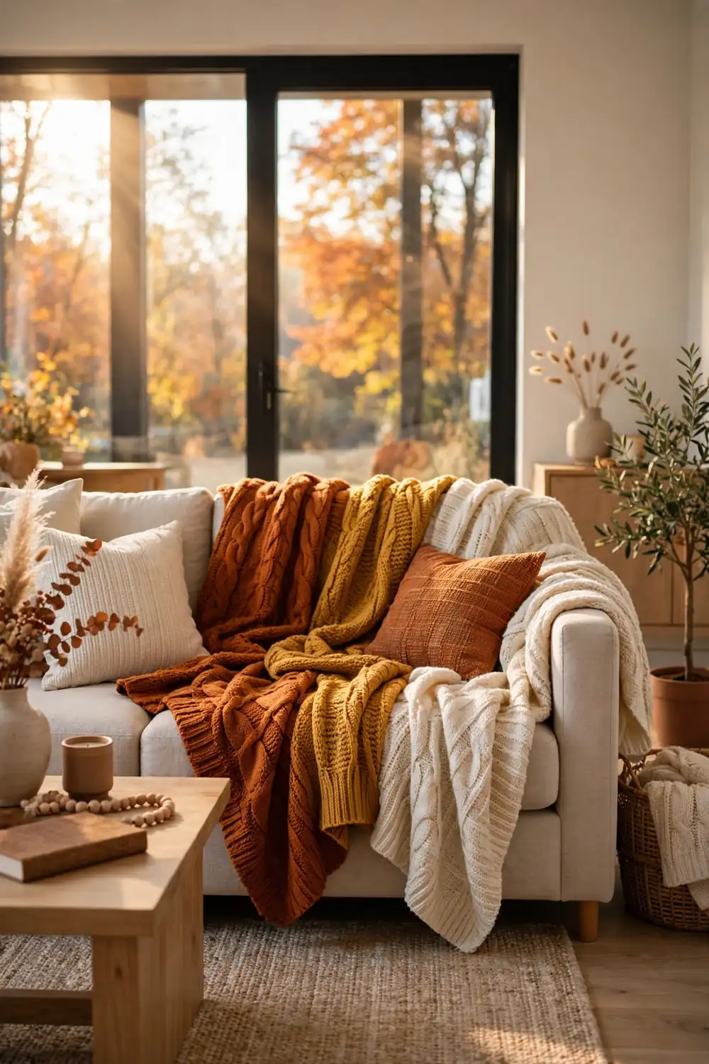 Cozy sofa styled with layered fall throw blankets, part of these thanksgiving living room decor ideas